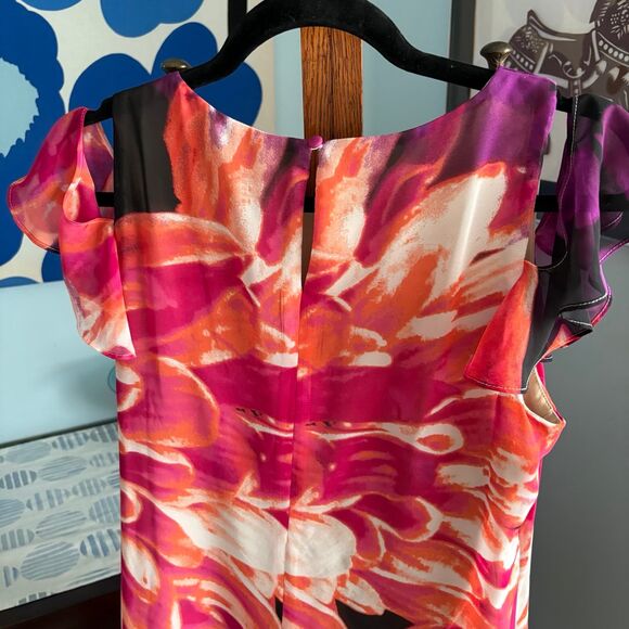 Kensie y2K Bold Orange, Pink Floral Chiffon Ruffle Sleeve Dress, Flowy Fit sz 8 - Picture 7 of 10